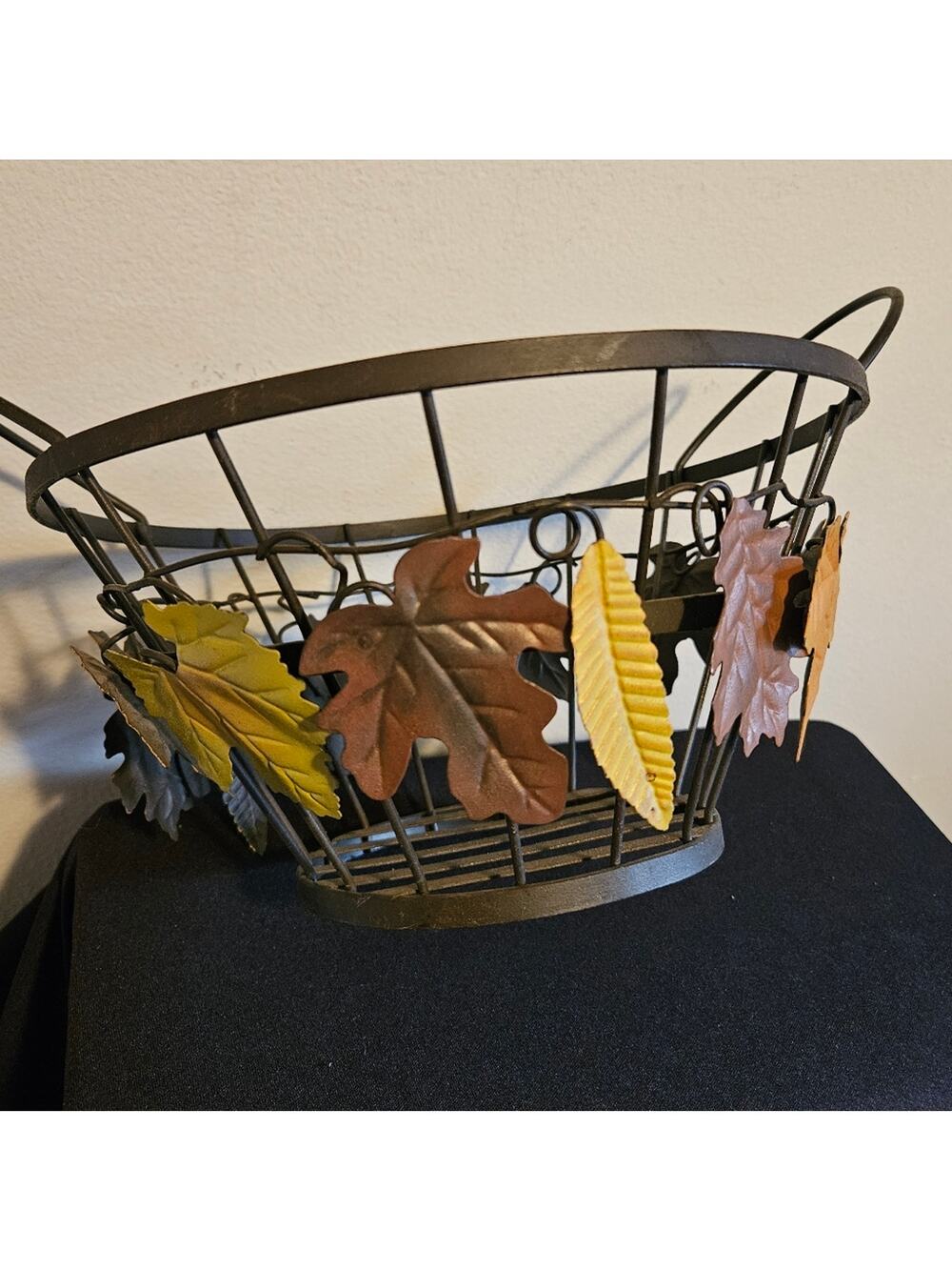 Fall themed metal basket Multi-colored leaves 10 inches